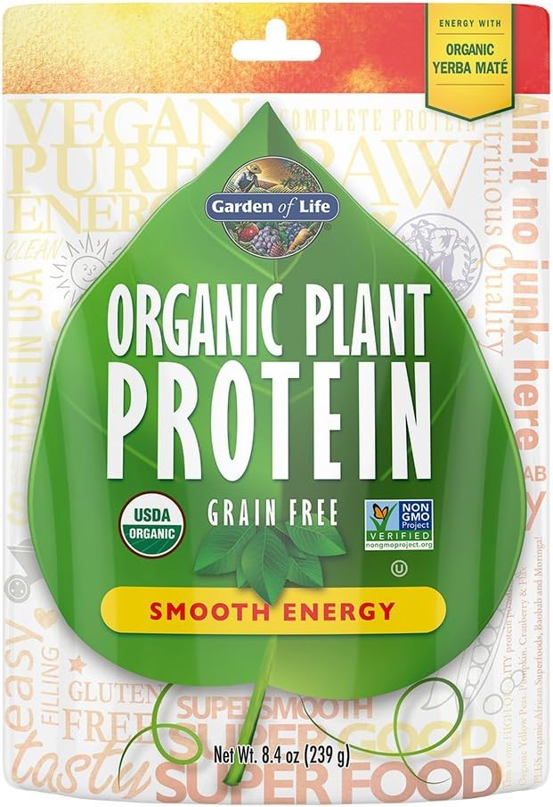 Garden of Life Organic Plant Protein Smooth Energy Powder, 10 Servings - Vegan, Grain Free & Gluten Free Plant Based Protein Shake with Yerba Mate, Vitamín B12, Probiotiká & Enzymes, 15g Protein