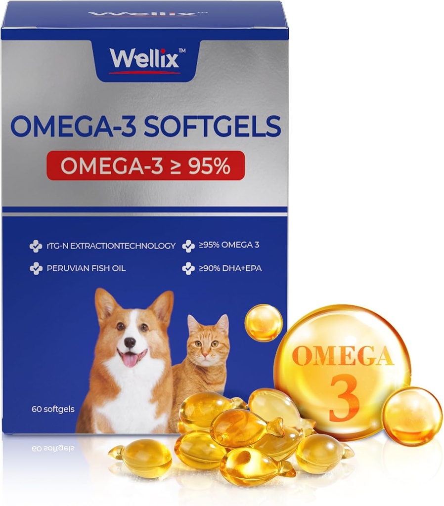 Wellix Pure Omega 3 Fish Oil pre psy a mačky, koža a kabát doplnok pre Shedding, podporuje srdce, koža, kabát, spoločné, & Imunitné zdravie, viac ako 95% Omega 3, bohaté na EPA + DHA, 60 Softgels