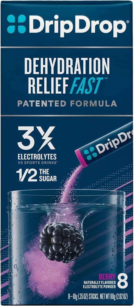 DripDrop ORS Elektrolyte hydratačné púdrové tyčinky, Berry, 10g tyčinky, 8 Počet