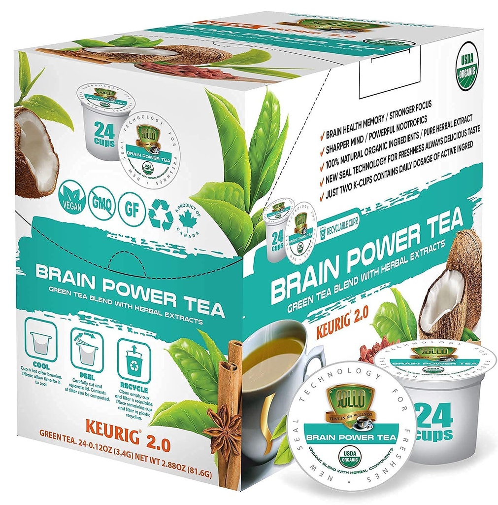 SOLLO Brain Power Organic Green Tea Pods s MCT, Acai & Essential nutrition, Nootropic Brain Booster- zlepšuje pamäť a zameranie Kompatibilný s 2.0 K-Cup Keurig Brewers, 24 Ct