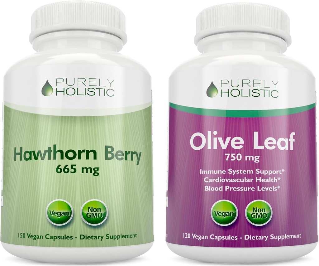 Purely Holistic Hawthorn Berry 665mg + Olive Leaf Extract 750mg Bundle + 270 Vegan Kapsule - Made in The USA