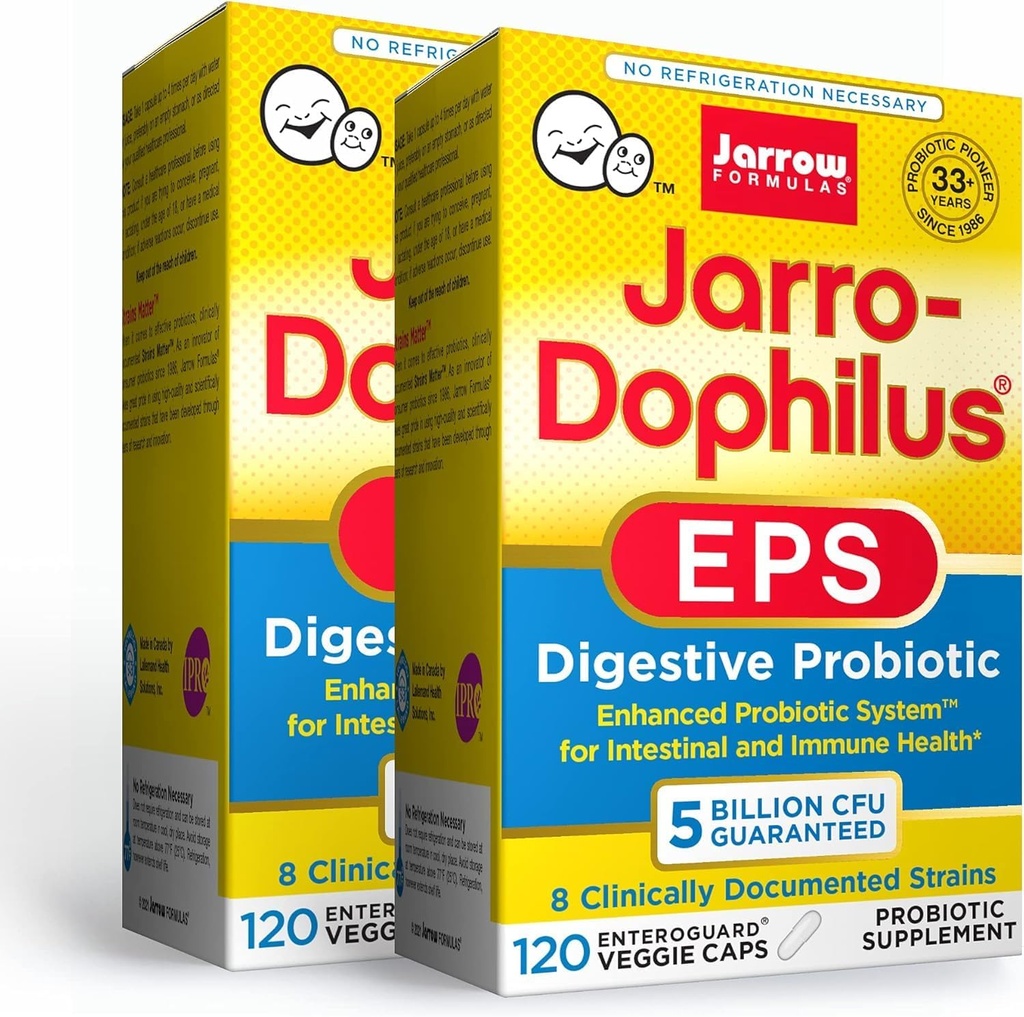 Jarrow Formulates Jarro-Dophilus EPS - 5 miliárd organizmov za obsluhu - 120 Enteric Coated Veggie Caps, Multi-kmeňové probiotikum - Intestinálne a imunitné zdravie, 120 grófov (Pack of 2)