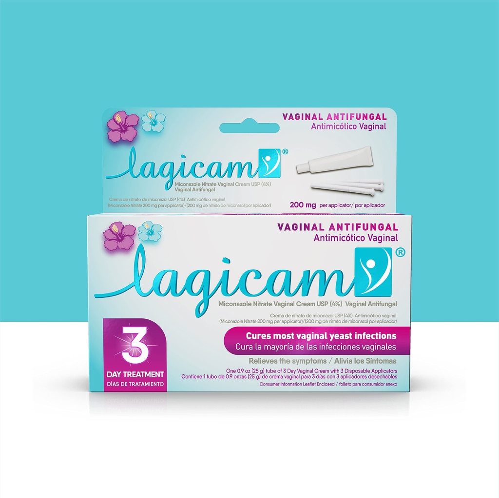 Lagicam 3 deň Vaginálne kvasinkové infekcie Liečba pre ženy, Začnite pracovať na 1. deň, Mikonazol Nitrate, Antimykotický krém zmierňuje svrbenie a podráždenie, 3 Jednorazové aplikátory a krém (1 balenie)