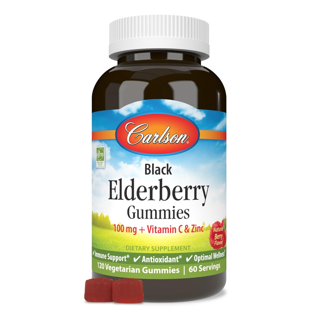 Carlson - Black Elderberry Gummies, s vitamínom C a zinkom, Imunitná podpora, 120 Gummies