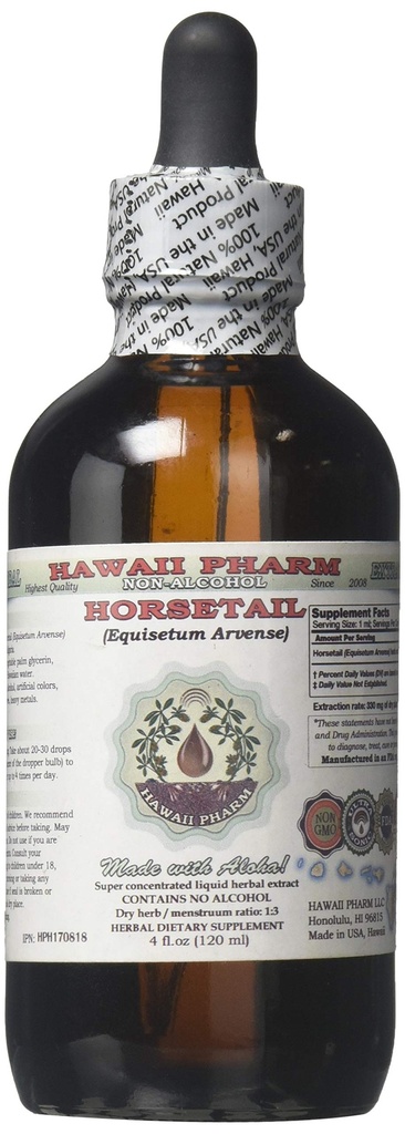 Konský chvost bez alkoholu tekutý extrakt, organický konský chvost (Equisetum arvense) sušený bylinný glycerit Hawaii Pharm prírodný bylinný doplnok 4 oz