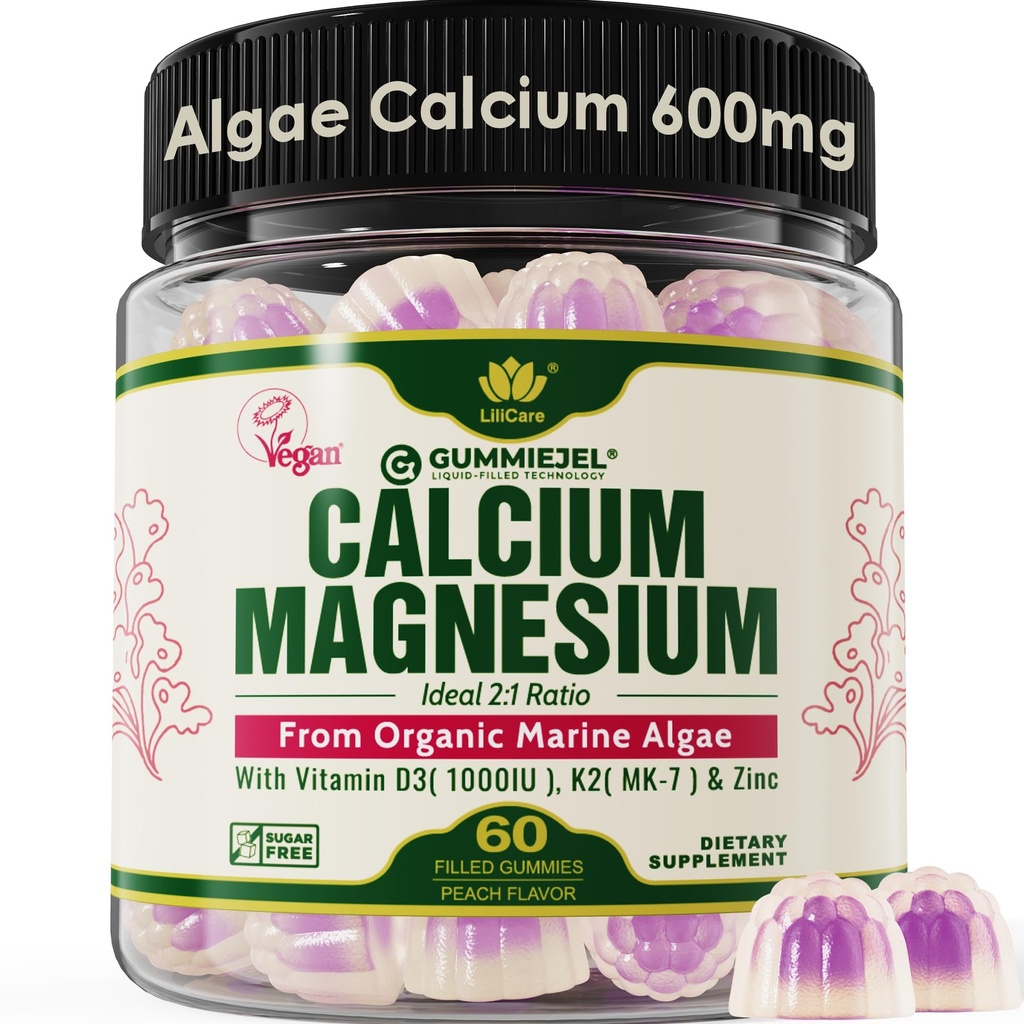 Rastlinné kalcium Gummies 600 mg s vitamínom D3 K2, horčík, zinok pre kostnú silu, bezcukrové kalcium doplnky pre ženy a mužov (Certifikovaný Vegan) z udržateľných organických červených rias - 60 grófov