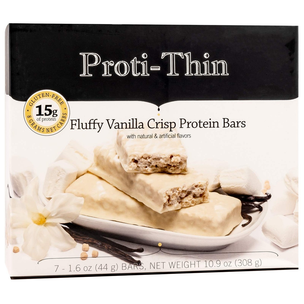 Proti-Thin Fluffy Vanilla Crisp Protein Bars, 15g Protein, Nízke kalórie, Veľmi nízka Carb (VLC), Nízky tuk, High Fiber Snack Bar, KETO Diet Friendly, Ideal Protein Compatible, No Gluten zložiek, 7 /Box