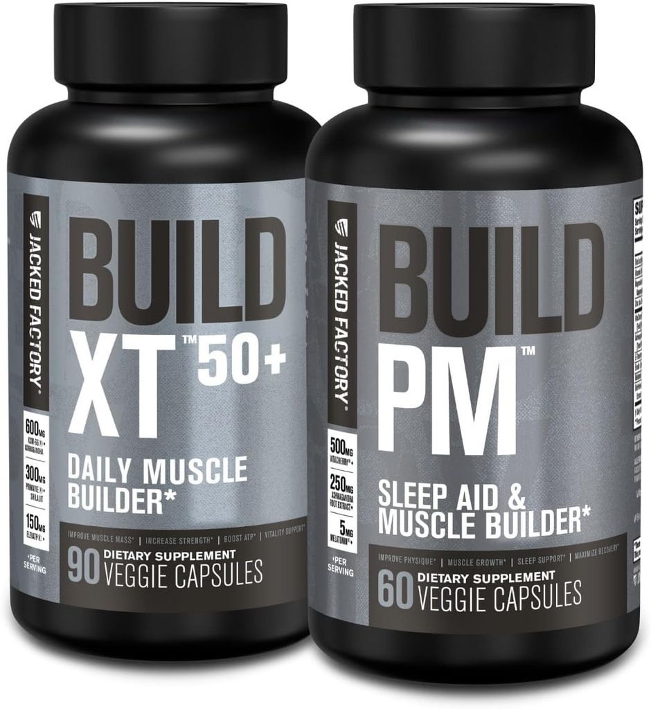 Jacked Factory Build-XT 50+ Daily Muscle Builder (90 kapsúl) & Build PM Night Time Muscle Builder & Sleep Aid (60 kapsúl) pre rast svalov, vitality, & Recovery