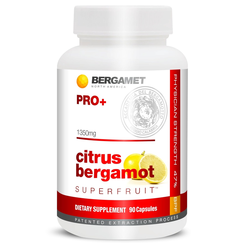 BergaMet Citrus Bergamot SuperFruit PRO+ Supplement, 200:1 Extract, 1350mg, 80% Polyfenoly, Olive Leaf Extract, 47% BPF, Najsilnejšie, 90 Kapsule na svete, zálohované klinickými štúdiami, Vyrobené v USA