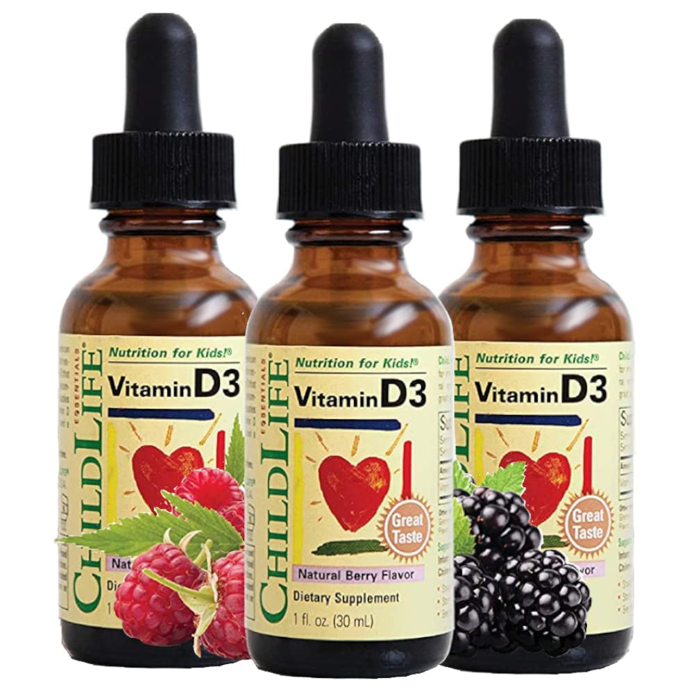 ČILDLIFE ESSIENTY Vitamín D3 kvapky - Vitamín D kvapky pre dojčatá, Baby Vitamín D kvapky, Tekutý vitamín D pre deti, Batoľatá 1-3, Deti, 500 IU na obsluhu - Natural Berry, 1 Fl Oz (Pack of 3)
