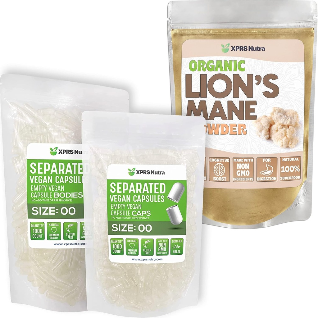 XPRS Nutra Oddelená veľkosť 00 Kapsule (1000 Počet) s Lion Mane prášok (16 Ounce) Bundle