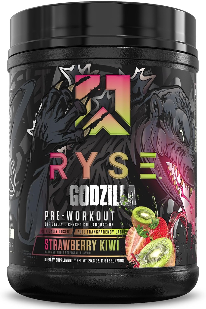 RYSE Godzilla X Noel Deyzel Pre Workout Powder - Strawberry Kiwi - 400mg Kofeín, High Stim Pre-Pracovné pre mužov a ženy s citrulínom a Beta Alanyne - Energy, Pump & Focus - 20/40 Servisné služby