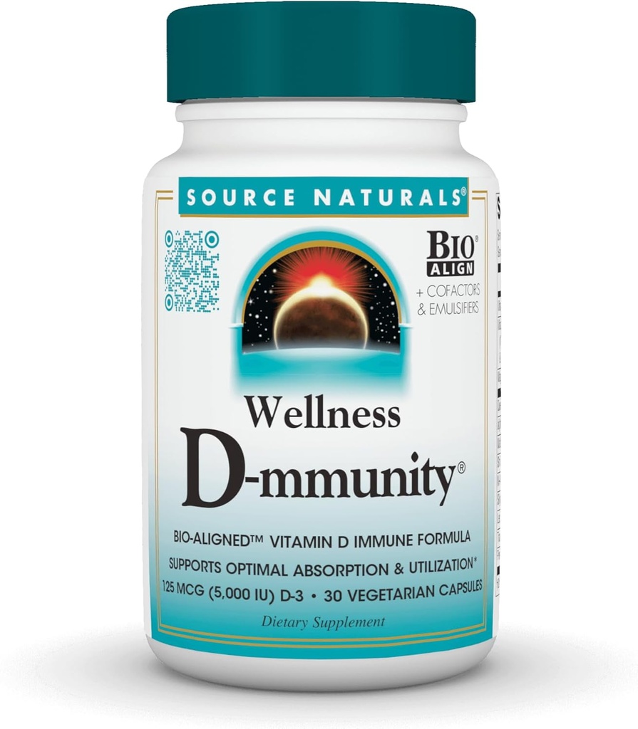 Zdroj Naturals Wellness D-munity, Bio-Aligned Vitamin D Immune Formula, podporuje optimálne Absorbation a využitie*, 125 μg (5 000 IU) D-3-30 Vegetariánske kapsuly