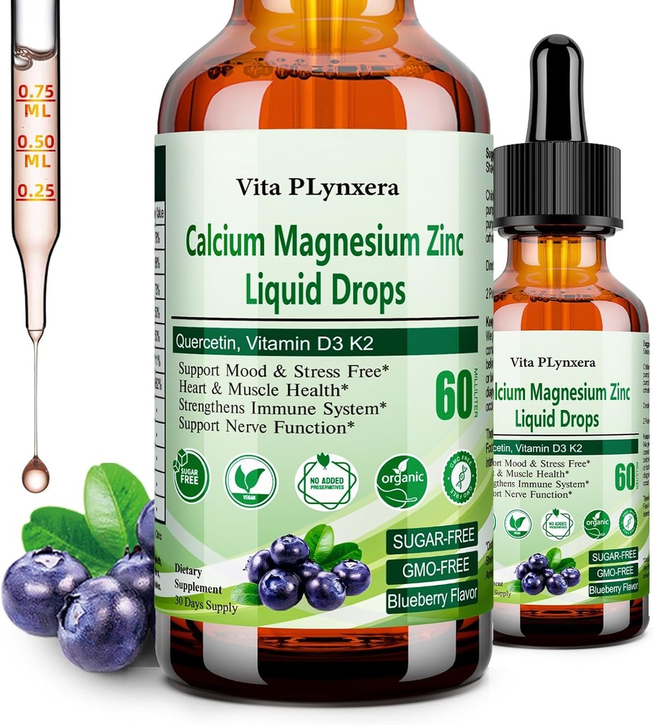 Vápnik Magnézium Zinok, Tekutý vápnik Magnézium Citrát s vitamínom D3 K2, B6, Omega-3, vysoká potencia Tekuté Magnézium Kalcium Drops w. Bylinné doplnky pre kosti, svalovina, Relaxácia, Spánok, Nerve
