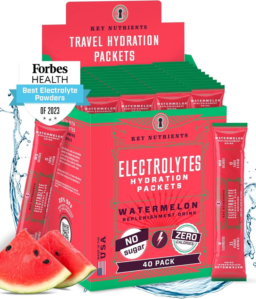 KĽÚČOVÉ NUTRIENTY Powder Pakety Electrolytes - Osviežujúci vodný melón 40 Balíčky hydratačné - Cestovné hydratačný prášok - bez cukru, bez kalórií, bez lepidla - Vyrobené v USA