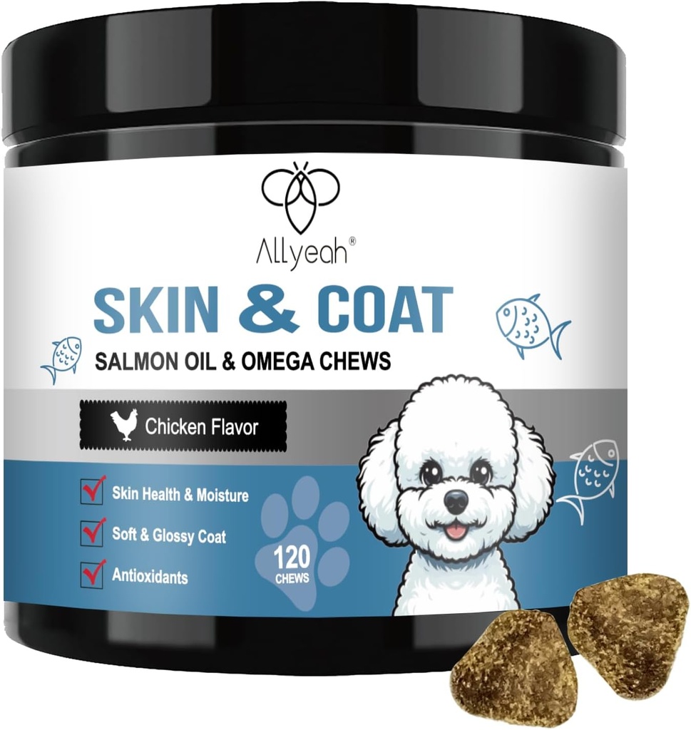 Omega 3 Rybí olej pre psy, lososový olej kože a kabát doplnok pre psov Alergie Relief, Suché a svrbenie pokožku Relief liečba, Alergické žuvačky - Dog Anti Shedding Treats - Shiny Coats - EPA & DHA