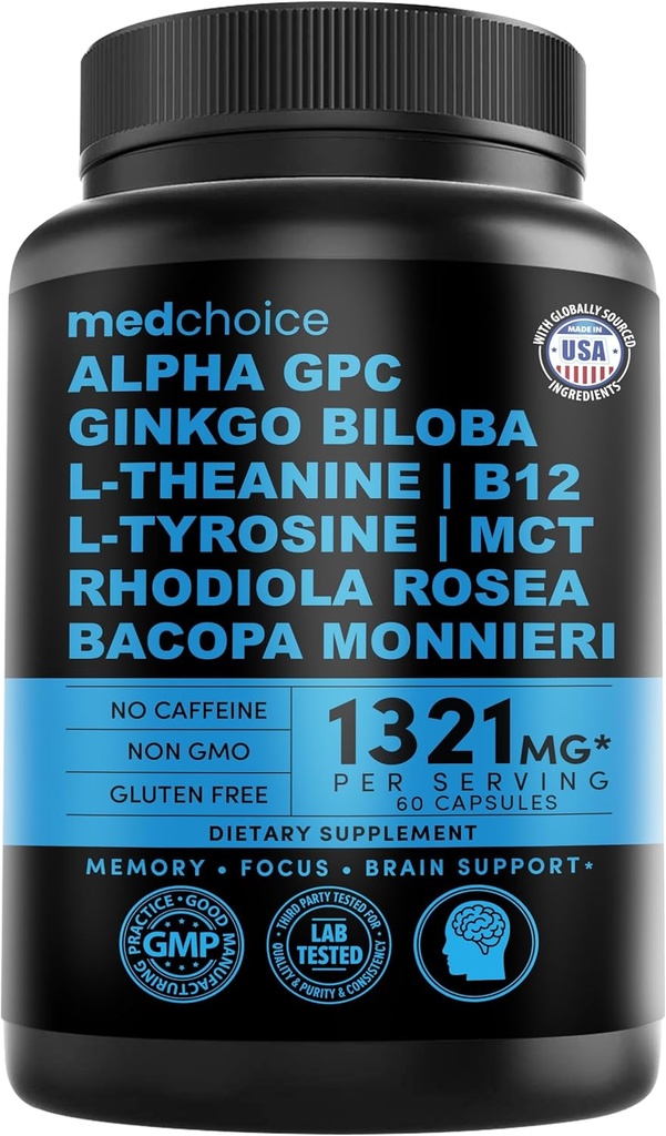 12-in-1 Noottropic Ginkgo Biloba pre podporu mozgu, pamäť a zameranie - B12, Alpha GPC, L Theanine a Choline doplnky s Bioperine Non kofeínu 1321mg (60ct)