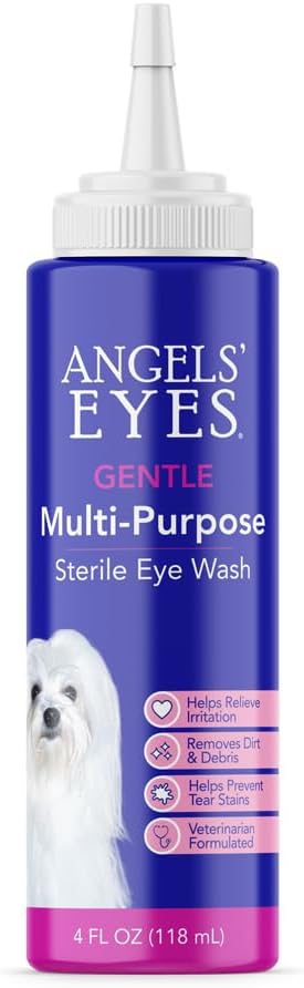 ANGELS' EYES Multi-Purpose Sterilné očné umývanie 4 oz Čistič očí a oplachovanie, Tear Stain Reductioner pre alergie, Debris, Muscus, podráždenie a slzenie očí pre všetky psy s kyselinou boritou