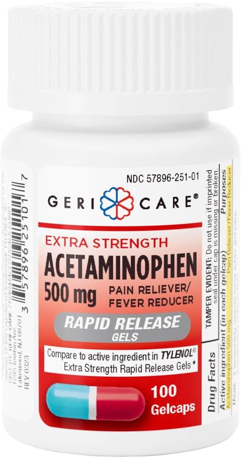 Gericare Extra sila Acetaminophen 500mg Rýchle uvoľnenie Gelcaps, úľava od bolesti 100 Počet (Pack of 1)