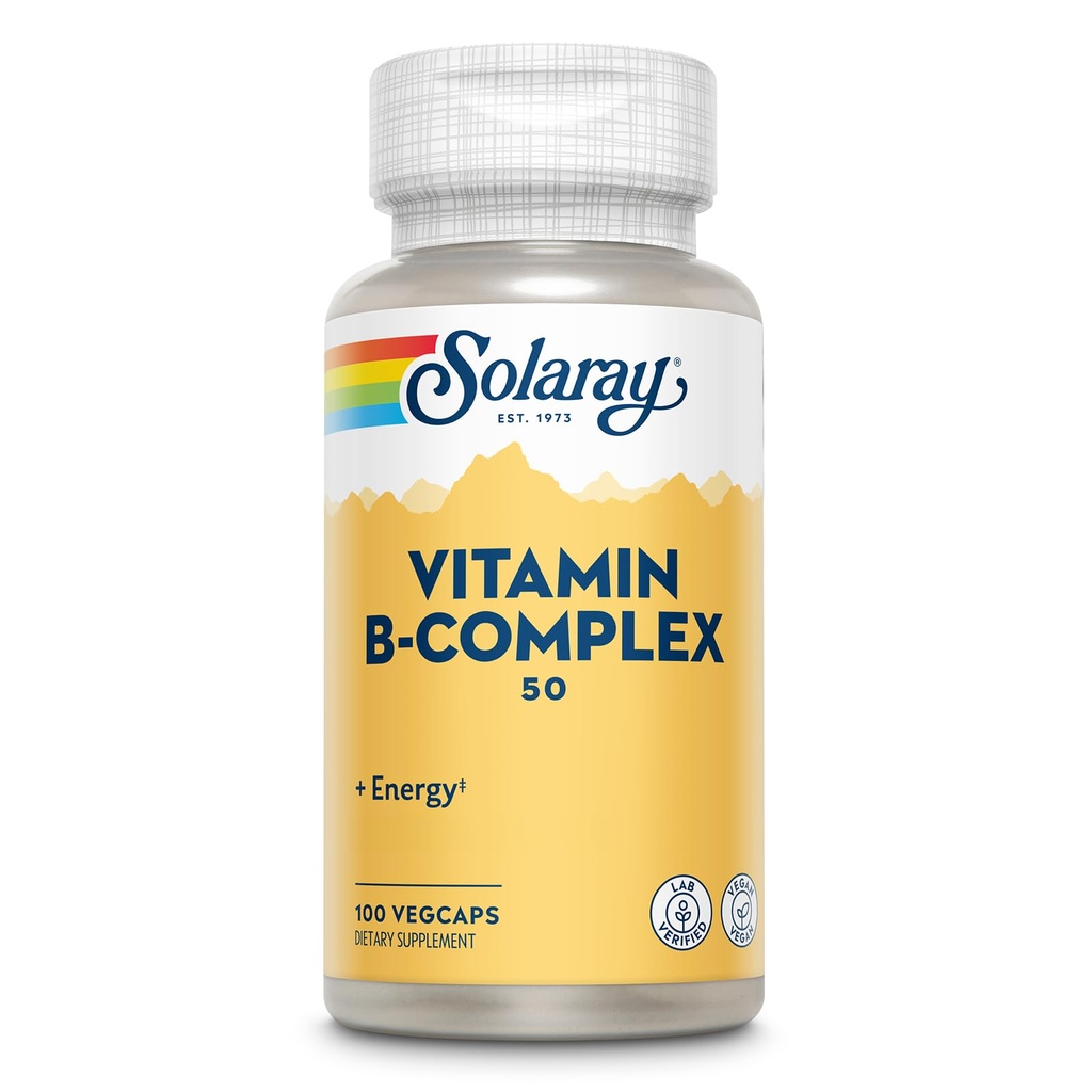 SOLARAY vitamín B komplex 50 mg - bunková energia Vitamíny - Metabolizmus a Nervová zdravotná podpora s vitamínom B12, vitamín B1, B6, niacín, kyselina listová, biotín a iné B vitamíny - Vegan, 100 VegCaps