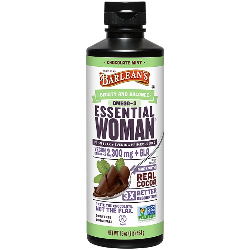 Barlean's Essential Woman Chocolate Mint Liquid Supplement from Lanked Seed, Evening Primrose Oil & Soy Isoflavones, Omega 3 6 9 and GLA, Hormonal Balance & Healthy Hair and Skin, 16 oz