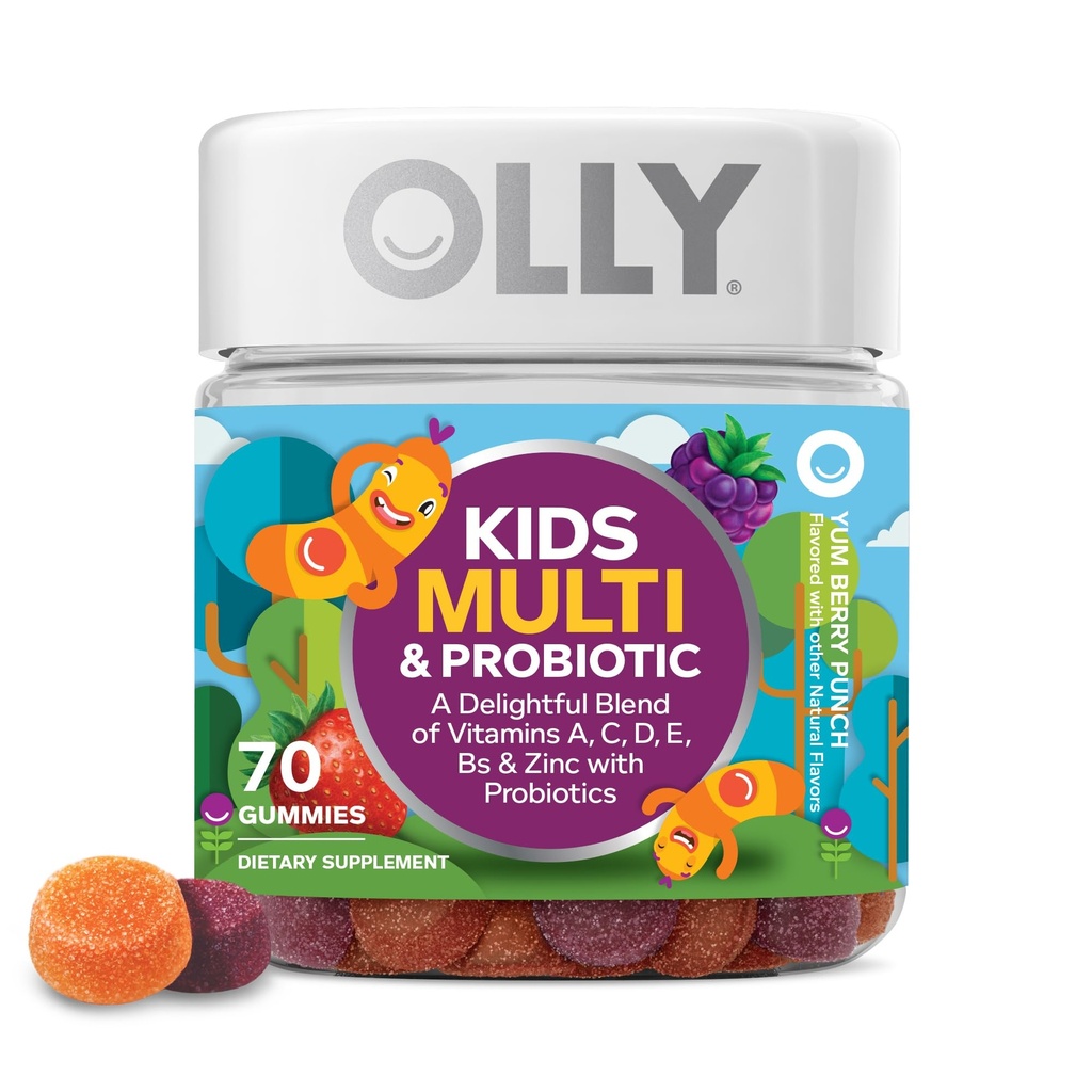 OLLY Kids Multivitamín a probiotické Gummy, Tráviaca podpora, Vitamíny A, D, C, E, B, Zinok, Žuvacie doplnky, Berry Ochutené, 35 Day Supply - 70 Počet