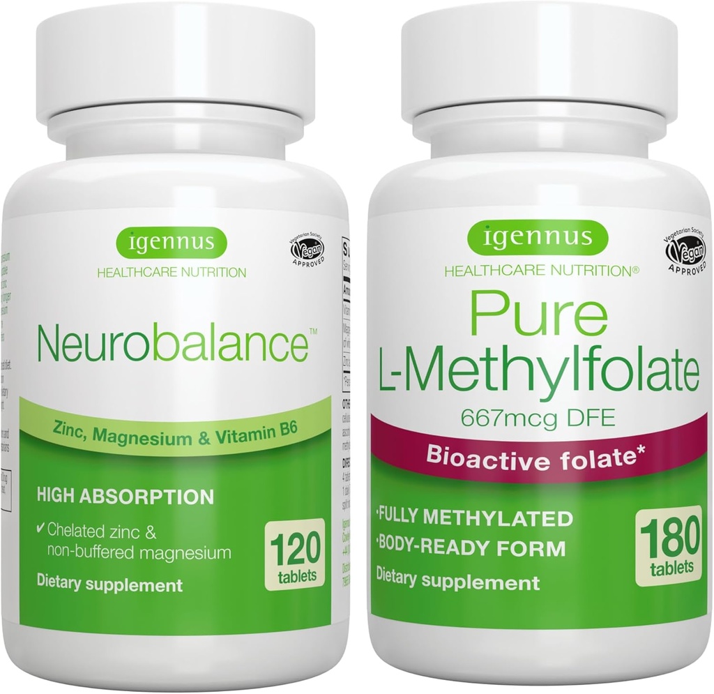 Neurováhový zinok, horčík a vitamín B6 + čistý folát 400mcg Vegánová žľaba, sušený pikolinát zinočnatý 24 mg, bezoxidový horčík a vitamín B6 + optimalizovaný L-metylfolát, Igennus