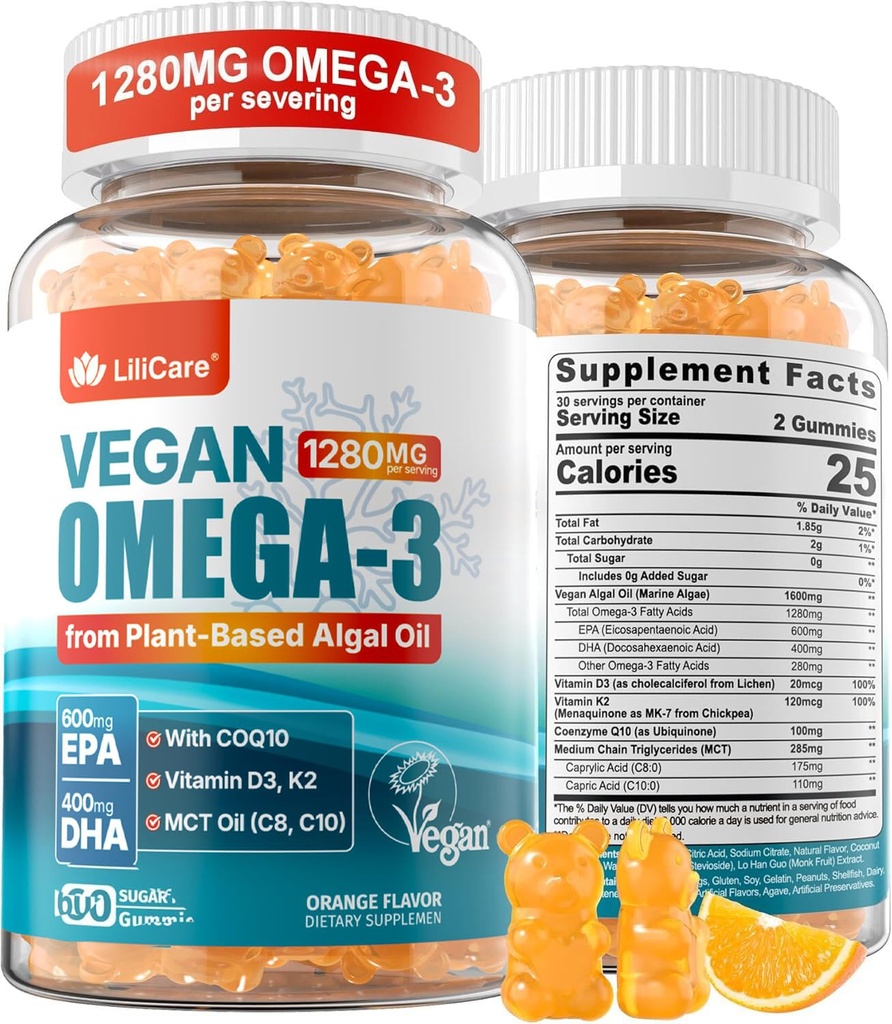 Vegan Omega-3 Gummies 1280mg + COQ10 + vitamín D3 K2 (MK7), Omega 3 Fish Oil Alternatíva pre dospelých w/EPA 600mg DHA 400mg & MCT Olej, žiadna ryba chuť z morských rias, pre mozog, oči, imunita, 1 balenie