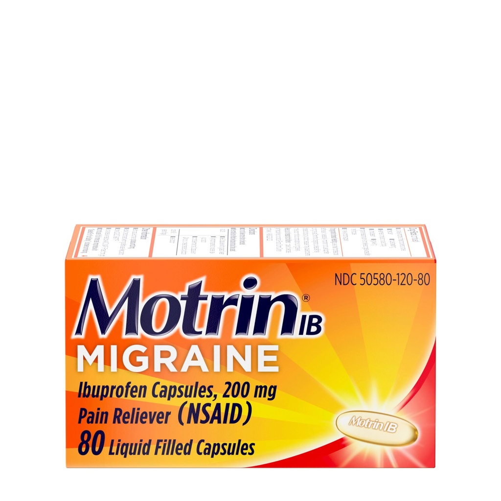 Motrin IB Migraine Relief Tekuté Gélové kapsule s 200 mg Ibuprofénu na kapsulu, rýchle a účinné Migraine Bolesť hlavy Medicína s NSAID Bolesť Reliever Ibuprofen, kofeín bez, 80 ot