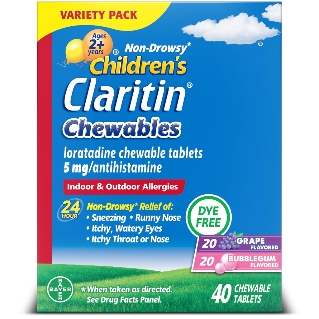Clarititin Detská alergia, 24-hodinová non-Drowsy Loratadine 5 mg žuvacia tableta, Antihistaminikum pre deti vo veku 2 roky a staršie, Hroznové a bublinkové Gumové príchute, 40 tabliet