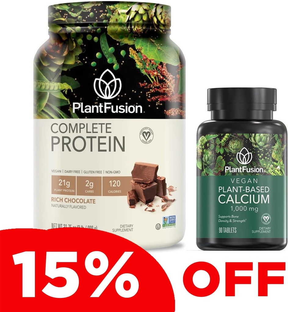 PlantFusion Kompletný vegánsky proteín Prášok a kalcium Bundle - Plant Based Protein Powder s BCAA, Digestive Enzymes and Pea Protein