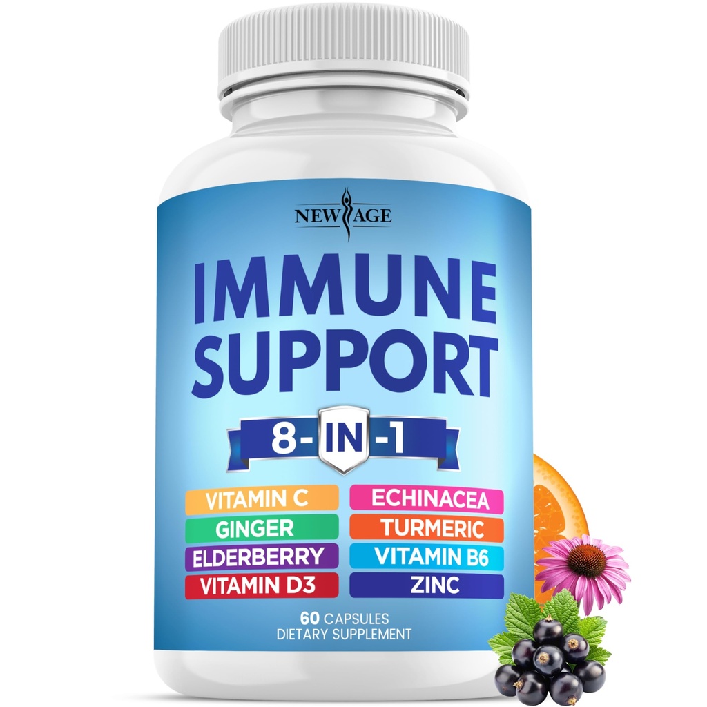 NEW AGE 8 in 1 Immune Support Booster Supplement with Echinacea, Vitamín C and Zinc 50mg, Vitamín D 5000 IU, Turmeric Curcumin & Ginger, B6, Ellowberry 60 count (Pack of 1)