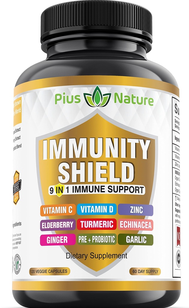 9-in-1 Imunitná podpora Vitamín C (1000 mg), Vitamín D3 (5000 IU), Zinok (22 mg) s bazami, kurkumami, Echinacea, zázvorom, cesnakom a pre+Pro-Biotikom na porciu (120 uzáverov na fľašu - 2 mesiace dodávky)