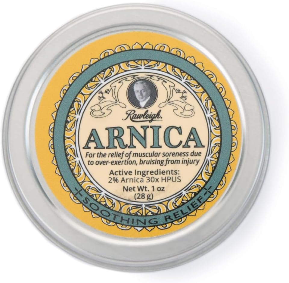Rawleigh Arnica Ukľudňujúci balzam: 1 oz, 2% Arnica 30X HPUS, Prírodný vzorec pre svalovú nervozitu, preháňanie Podliatiny, Absorby Rýchlo, Non Grey, Travel-Priateľne Tin - balenie 1