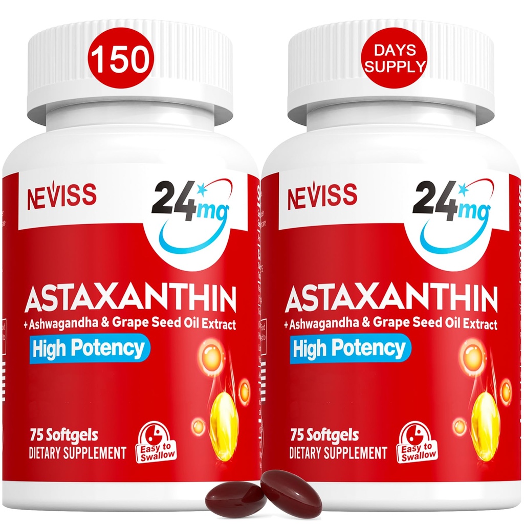 Astaxantín Doplnky 24 mg, 5 mesiacov Dodávka - Kokos MCT Olej, čerstvé mikrorias Zdroj w/Grape Seed Oil, Ashwagandha - Antioxidanty pre zdravú pokožku, oči, Starnutie - Non-GMO & Gluten Free, 150 Softgels