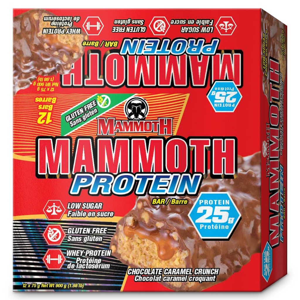 MAMMOTH Protein Bar, Čokoláda Arašidové maslo Crunch, 25g Protein, Nízky cukor, Nízky cukor, Gluten Free, 12 x 65g (12 Počet) (Chocolate Arašidové maslo Crunch) (12 Počet, Čokoládový karamel Crunch)