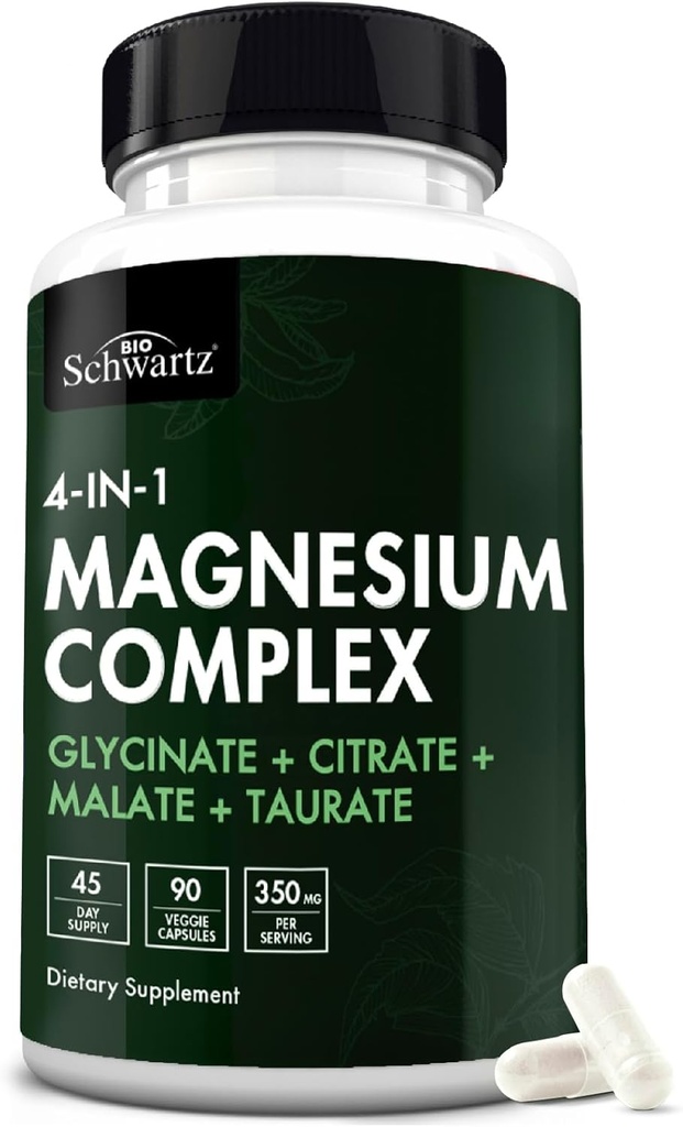 BioSchwartz Magnézium Complex Supplement (90 Kapsule) 350 mg Magnézium Glycinate Citrate Malate and Taurate per Serving for Healthy Nerves Muscleers Heart Sleep Support (Vegan, Gluten-Free, non-GMO)