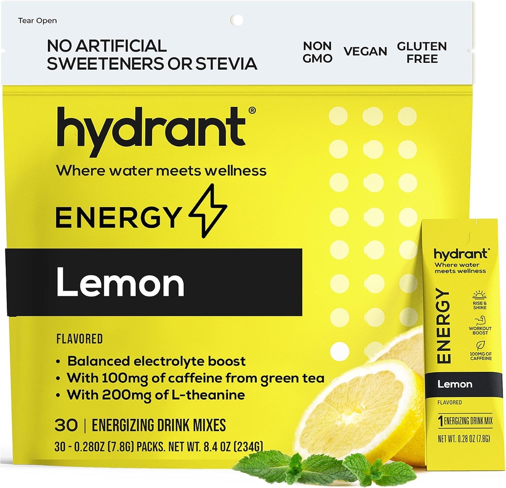 HYDRANT Energy Lemon Flavor 30 Stick Pack, Caffeine & L- Theanine Rýchla hydratácia Mix, Elektrolytová hydratačný prášok Pakety so zinkom