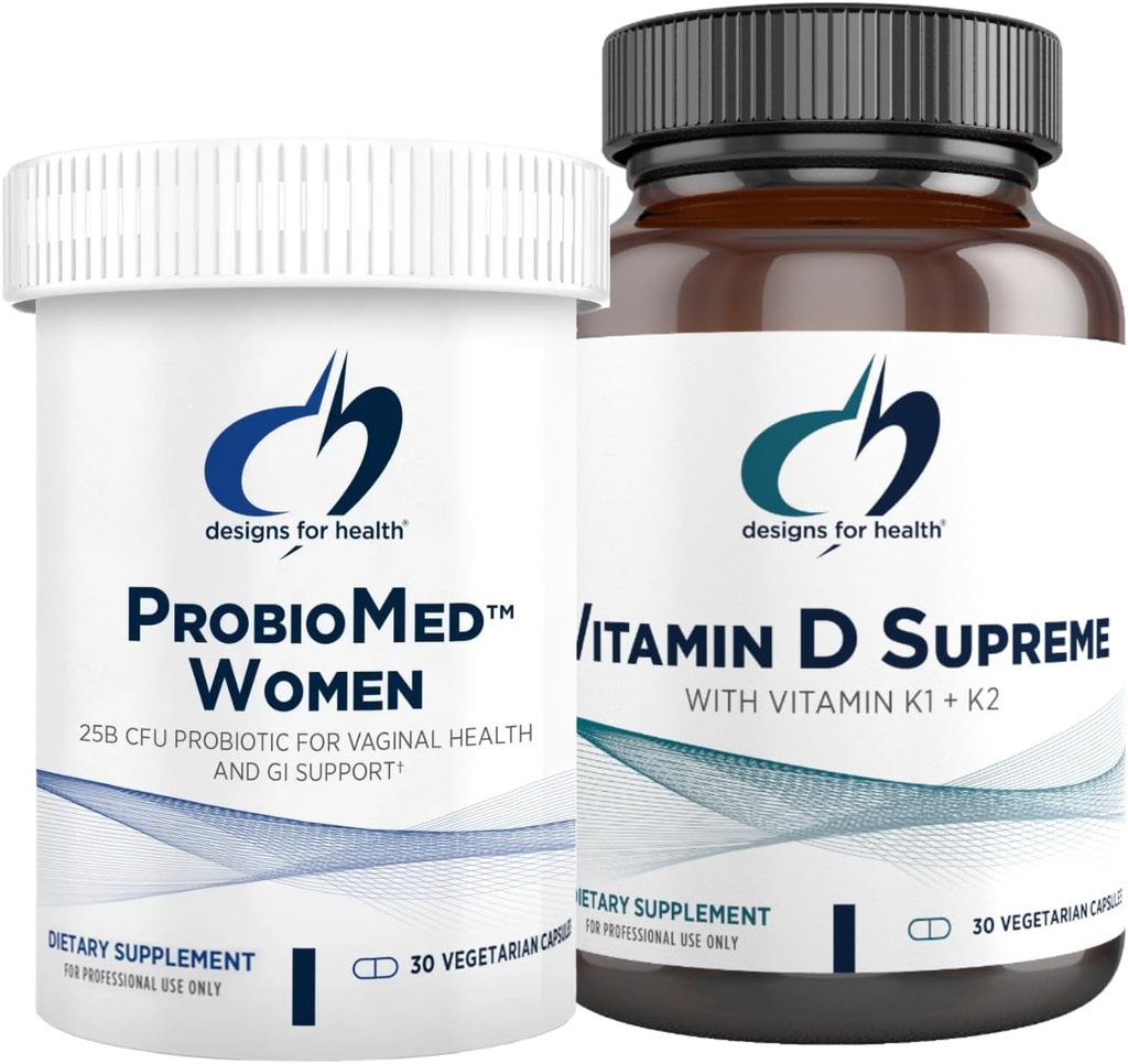 Designs for Health Vitamín D & Women's Probiotic Bundle - ProbioMed Women (30 Kapsule) Gut Health & Vaginal Probiotic with Vitamin D Supreme (30 Kapsule) with Vitamin K2 for Immune & Bone Health