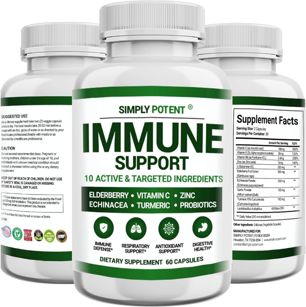 Imunitná podpora Doplnok, 10 v 1 Imunitná posilňovacia zmes bazy, vitamínu C, zinku, Echinacea, Turmerica, Probiotiká a antioxidanty pre imunitnú obranyschopnosť, Respiračné a tráviace zdravie, 60 tabliet