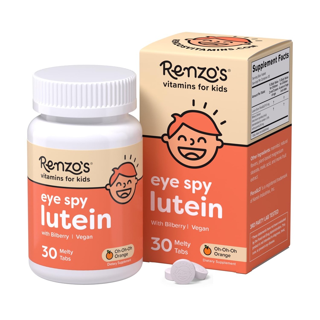 Renzo's Eye Spy Lutein s extraktom z čučoriedok, nerozriešiteľné deti vitamíny pre zdravie očí, Sugar-free Doplnky, 30 Oranžovo ochutené Melty Tabs