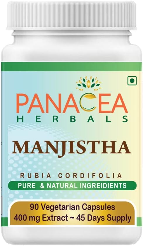 Panacea Bylinné kapsule Manjistha (90 Veg Caps 400mg Extract) Rubia Cordifolia, Indický medvedík pre žiariace kožné komplexy. Bezlepkový bezlaktózový bez GMO Čistý bylinný doplnok.