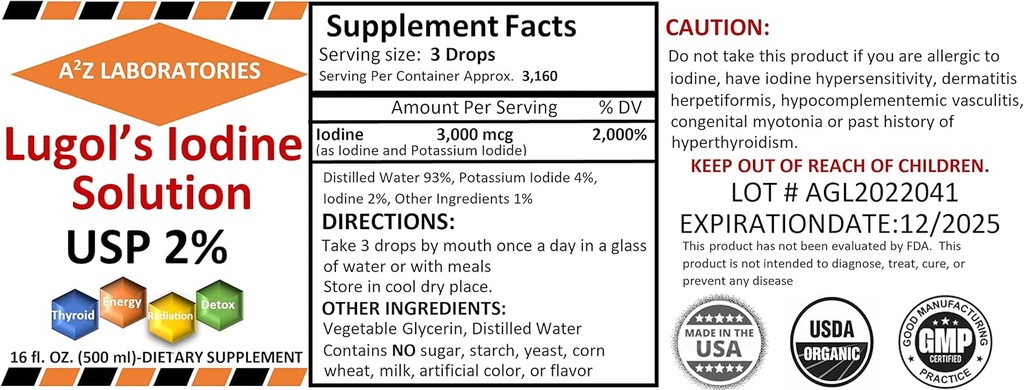 1x16 OZ Organické Lugol je jód a jód draselný 2% Solution 3000 mcg -Liquid Supplement kvapky pre podporu štítnej žľazy pre ženy a mužov, metabolizmus zdravie, Detox Boost -16 Fl Oz /Lips Today!