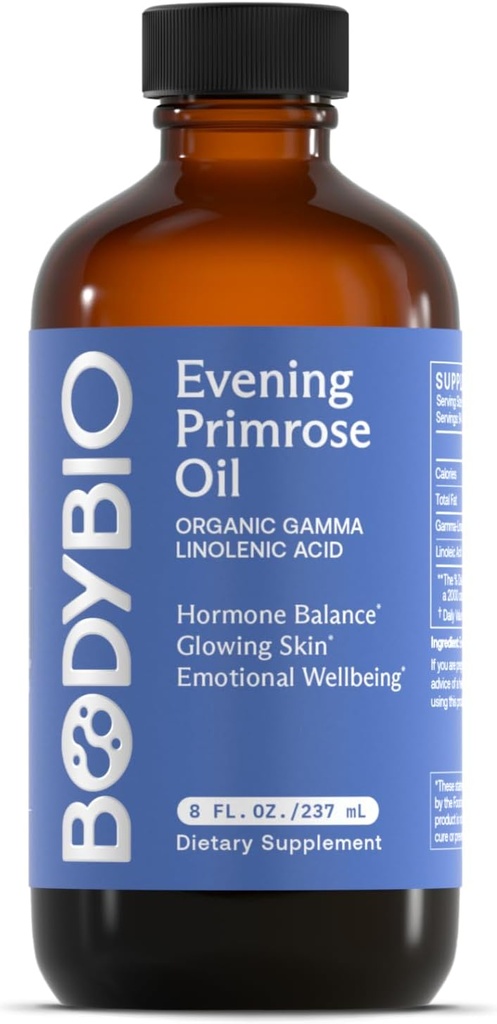 BodyBio Evening Primrose Oil - Natural Gama Kyselina linolénová pre zdravú pleť & Hormone Balance - Non-GMO, Cold Pressed - 8oz