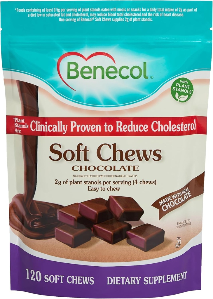 Benecol® mäkké žuvačky - vyrobené z klinicky dokázaných cholesterol-nižších rastlín stanoly - doplnok k liečbe cholesterolu (120 čokoládových žuvačiek)