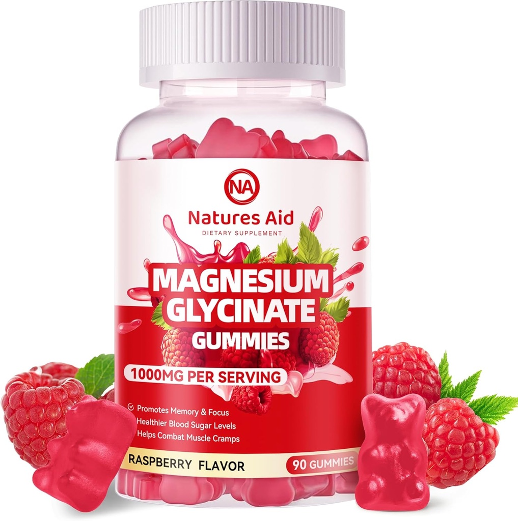 Magnesium Glycinate Gummies 1000mg - Sugar Free Magnesium Potassium Supplement with Vitamin D, B6, CoQ10 for Calm Mood & Sleep Support - 90 Raspberry Gummies.