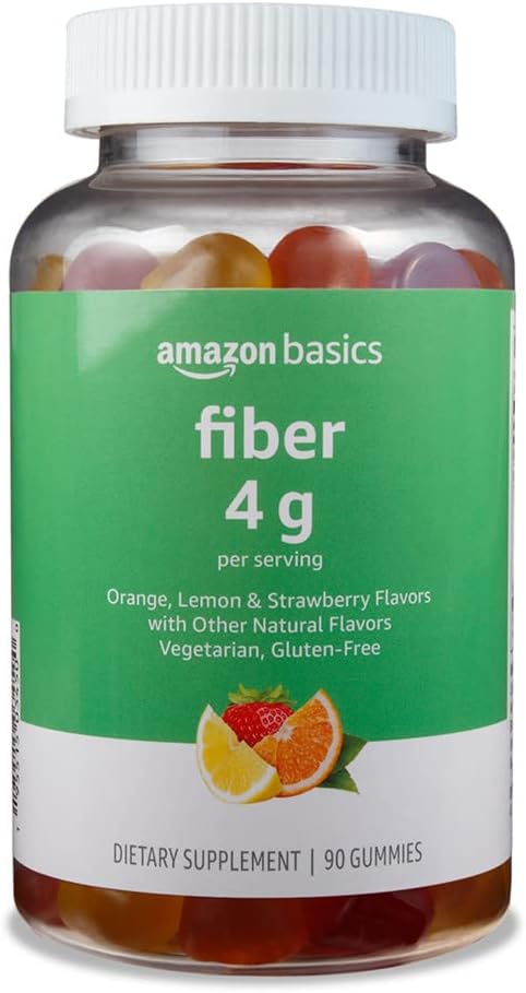Amazon Basics Fiber Gummies pre trávenie zdravie a pravidelnosť, oranžová, citrónová a jahodová chuť, 90 gróf, balenie po 1 (predtým Solimo)