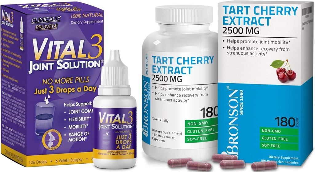 Bronson Vital 3 Joint Solution® Clinically Proven Liquid Knee Relief Supplement Tart Cherry Extract 2500 mg Vegetariánske kapsuly