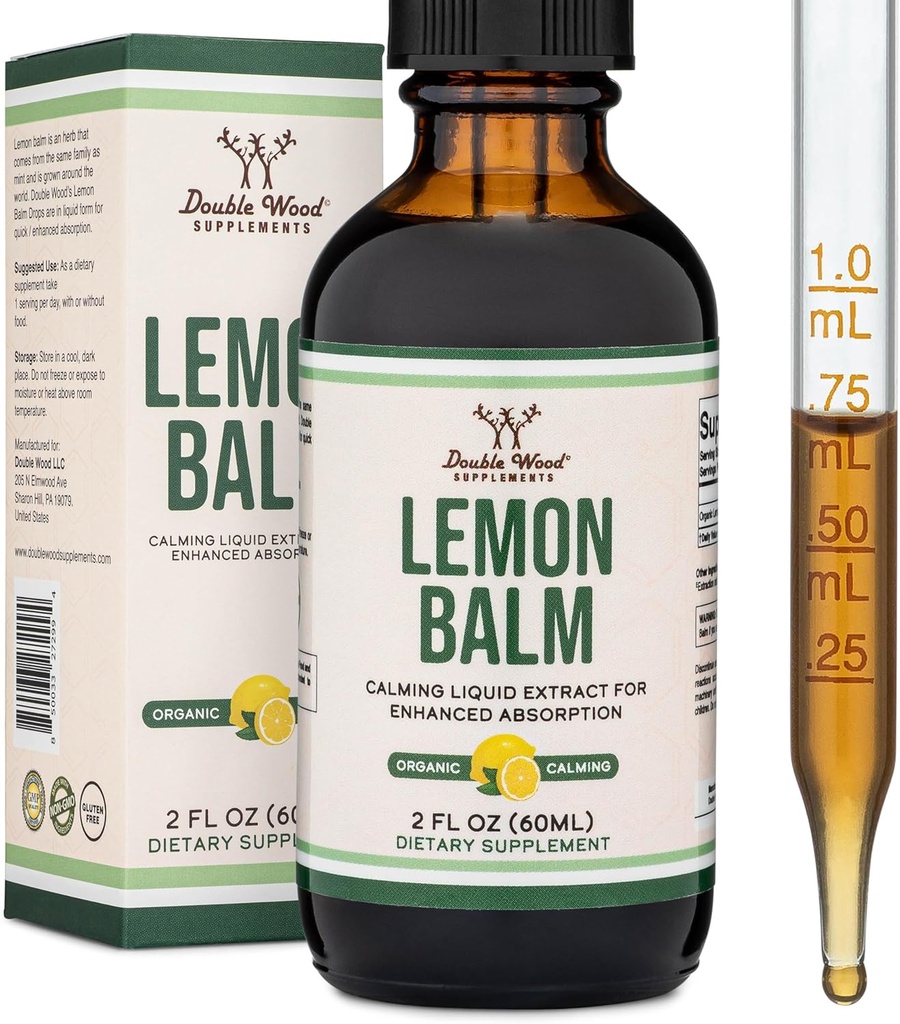 Double Wood Supplements Organic Lemon Balm Tincture - pre Trávenie a relaxáciu 590mg - 2FL OZ, 120 Servírovanie (Lepšie Absorbované ako kapsule, Skvelé pre Lemon Balm čaj)