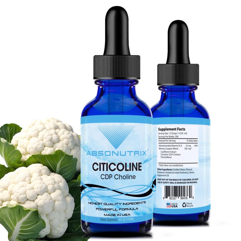 Absonutrix Citicoline 590 mg, 4 Oz fľaša, 200 Servírovanie, Made in USA, rýchla absorpcia, Quality Potent Ingredients, non-GMO, GMP Certified, Cruelty-Free Products